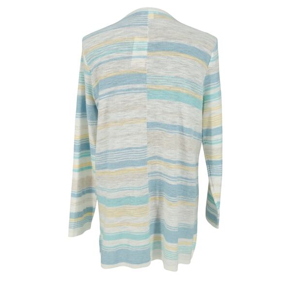 J Jill Sweater Petites MP PM White Blue Stripe Cardigan Cotton Open Front New - Picture 2 of 16